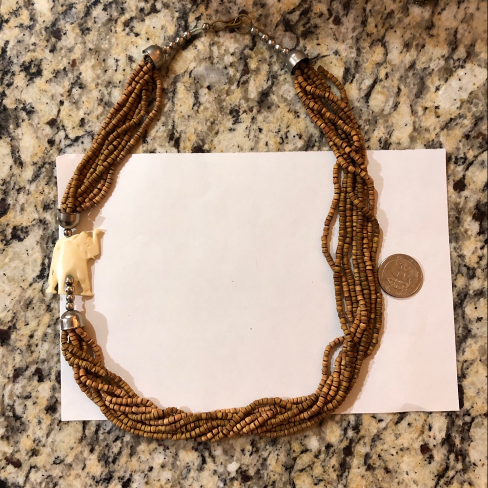 Vintage Tribal Multi-strand Beaded Carved Elephant African Necklace